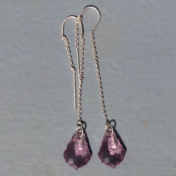 163. Sterling Silver Baroque Shape Swarovski Crystal Threader Earrings - Picture 5 of 11